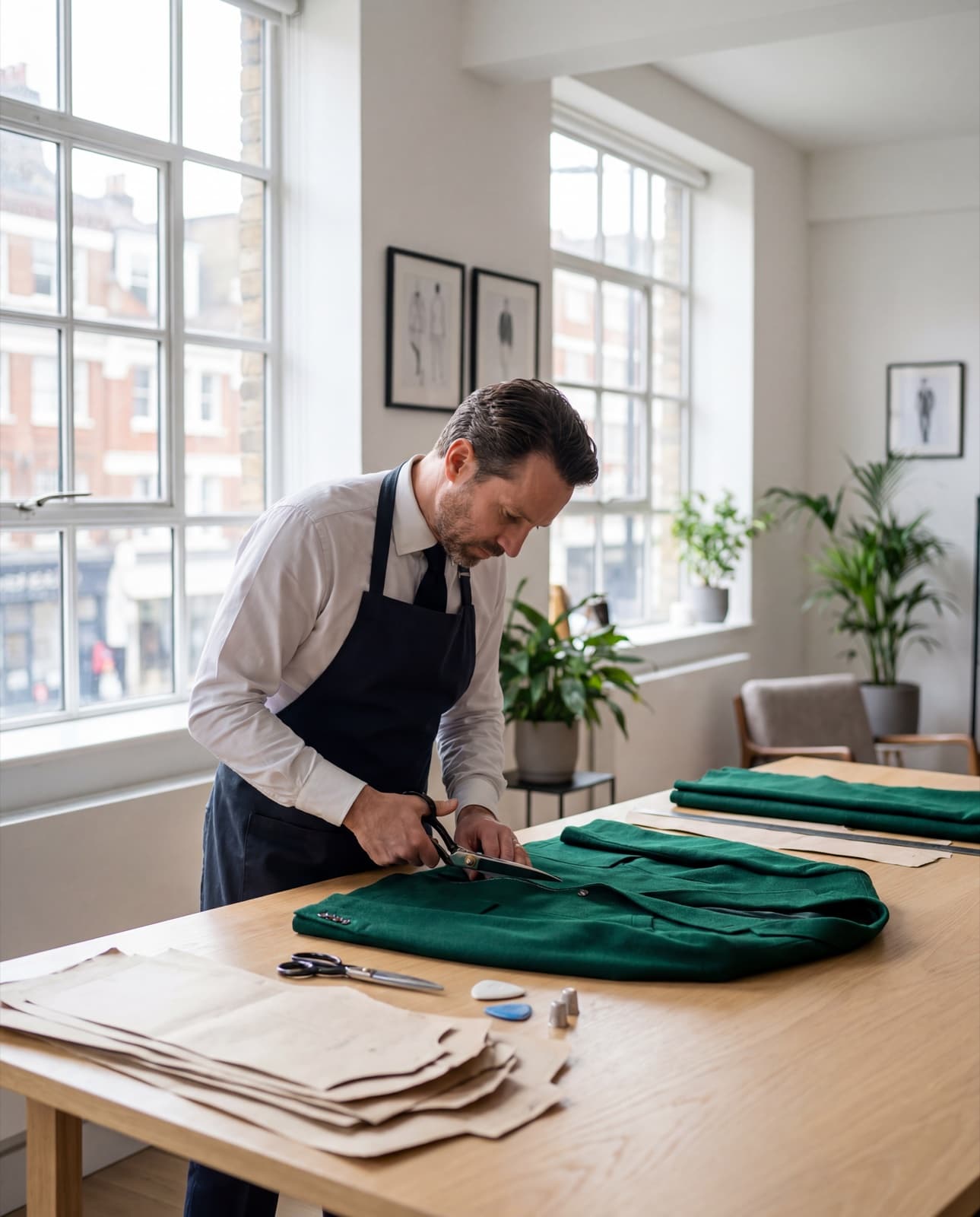 Master tailor cutting a suit in a modern atelier