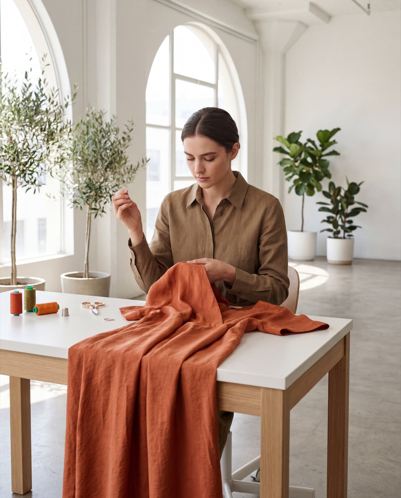 Dressmaker sewing a tailored dress