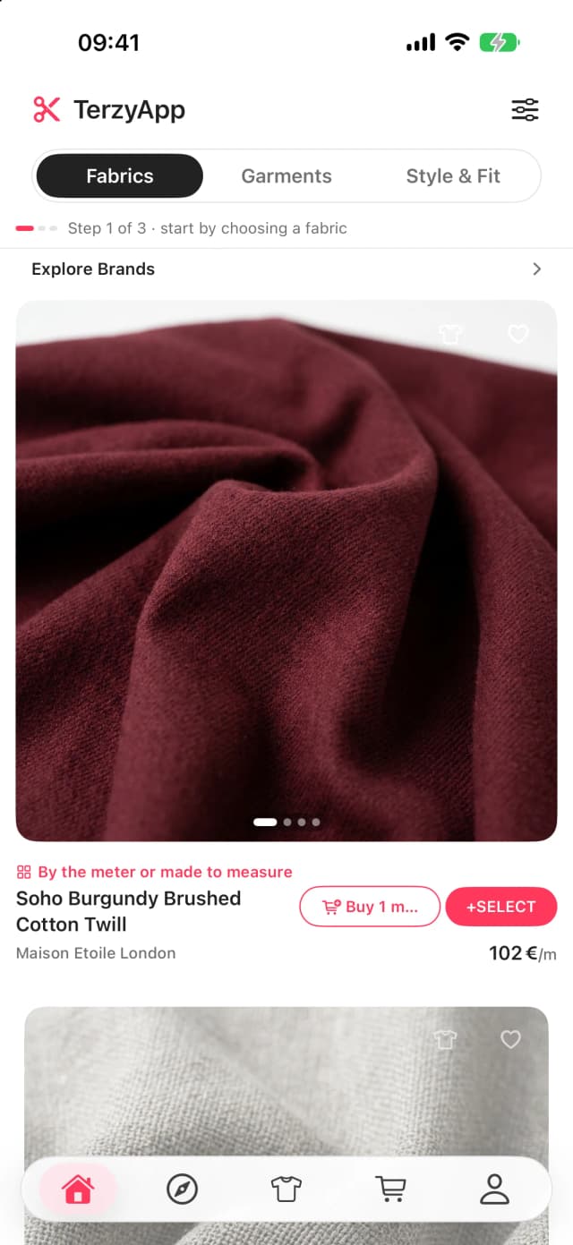 The TerzyApp home screen on an iPhone, showing AI custom tailoring and made-to-measure ordering The TerzyApp home screen on an iPhone, showing AI custom tailoring and made-to-measure ordering