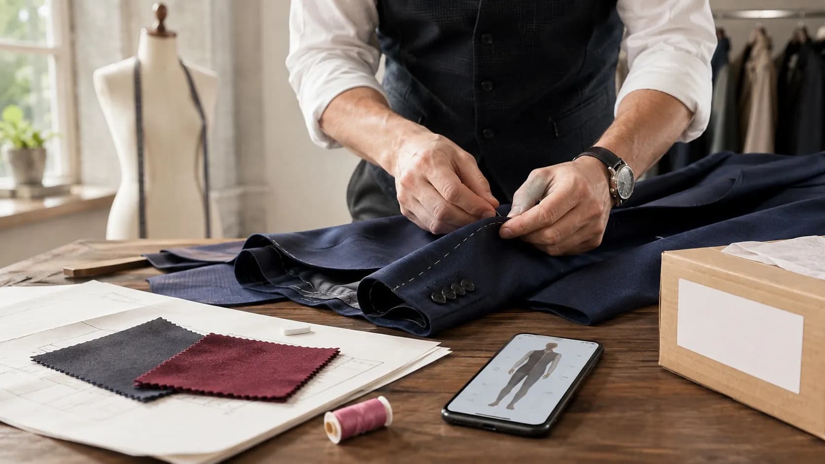 Tailor altering a navy jacket beside fabric swatches, a photo body-measurement phone screen and a shipping box