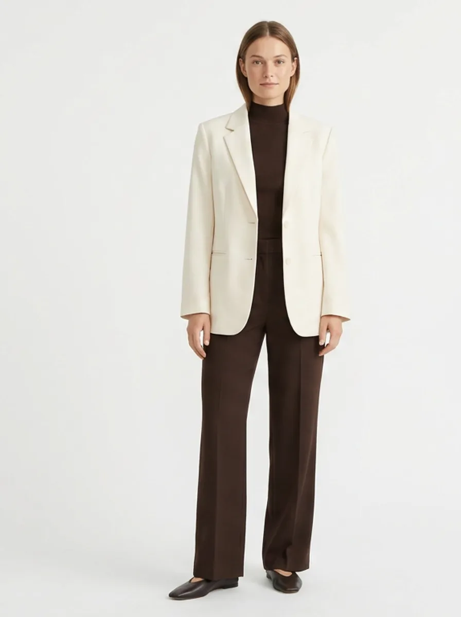 The same woman wearing a made-to-measure outfit cut to fit her